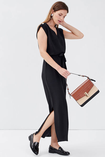 Robe longue droite ceinturée noir femme