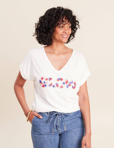 T-shirt col v manches courtes ecru femme