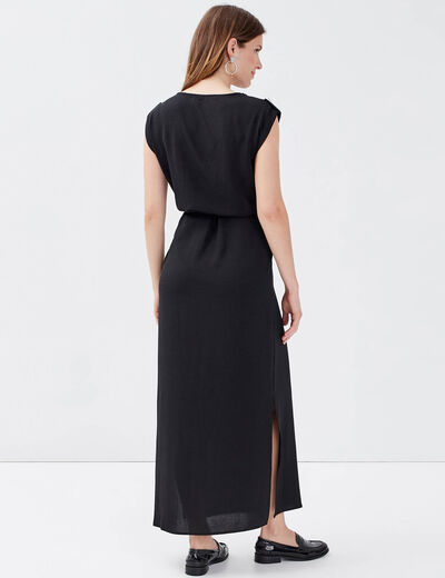 Robe longue droite ceinturée noir femme