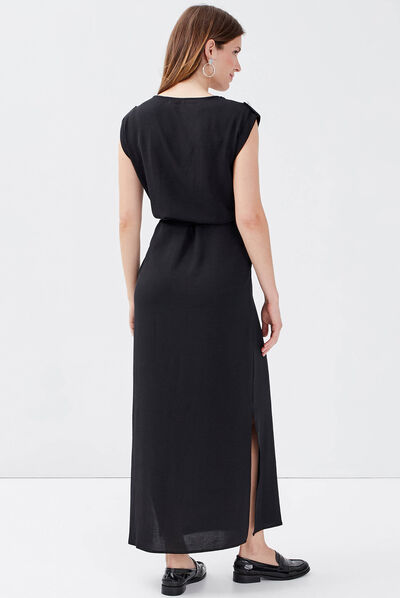 Robe longue droite ceinturée noir femme