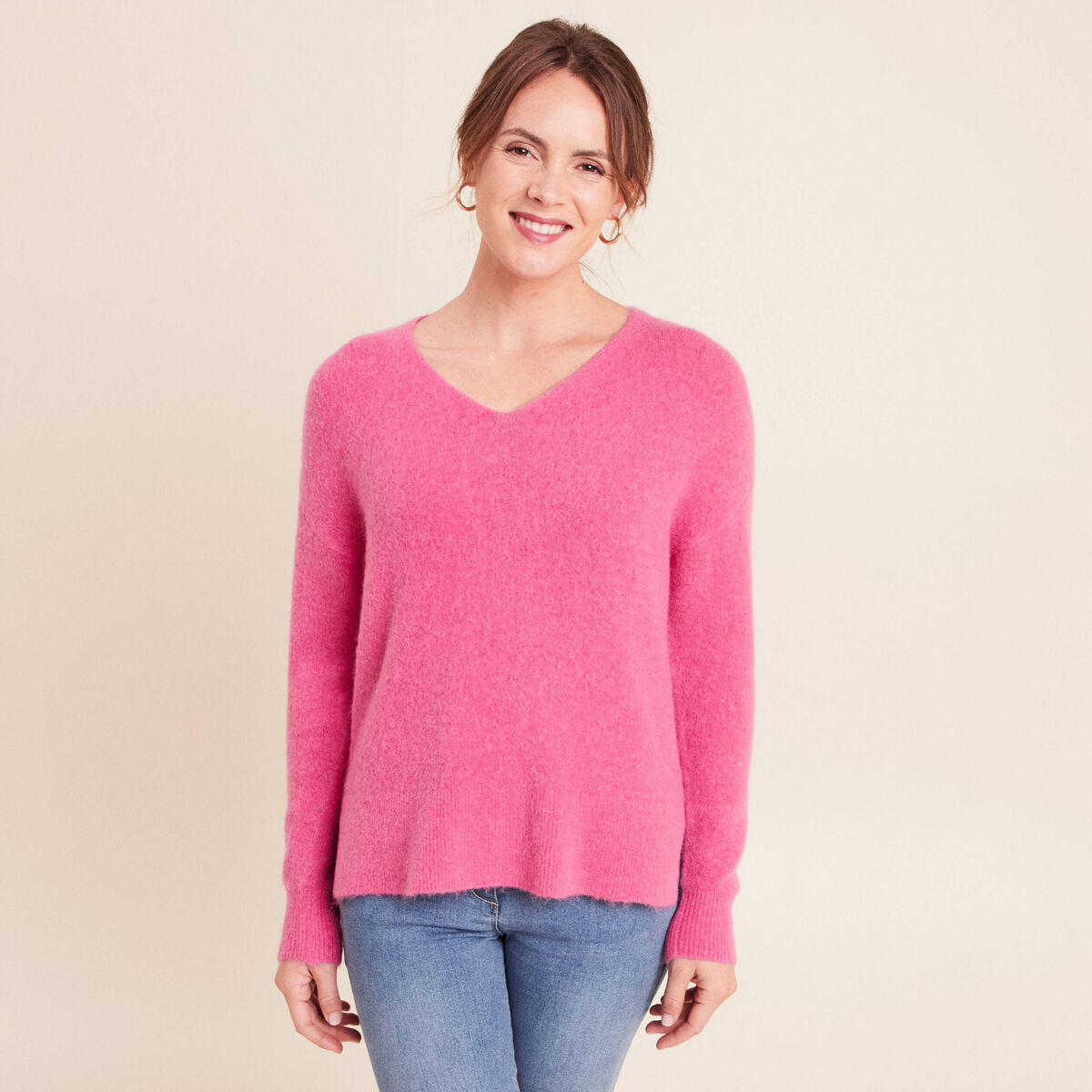Pull col v manches longues rose fushia femme