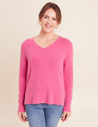 Pull col v manches longues rose fushia femme