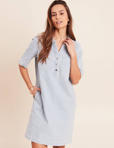 Robe droite courte en jean col chemise bleu femme