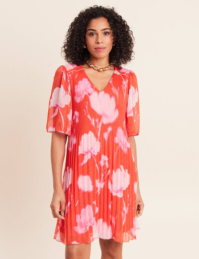 Robe courte &eacute;vas&eacute;e col v manches coudes rouge femme