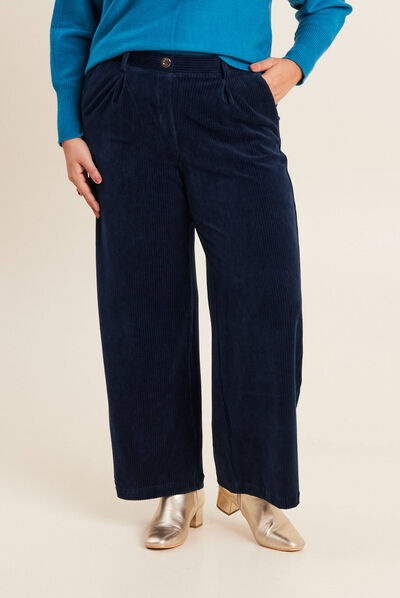 Pantalon large velours bleu marine femme
