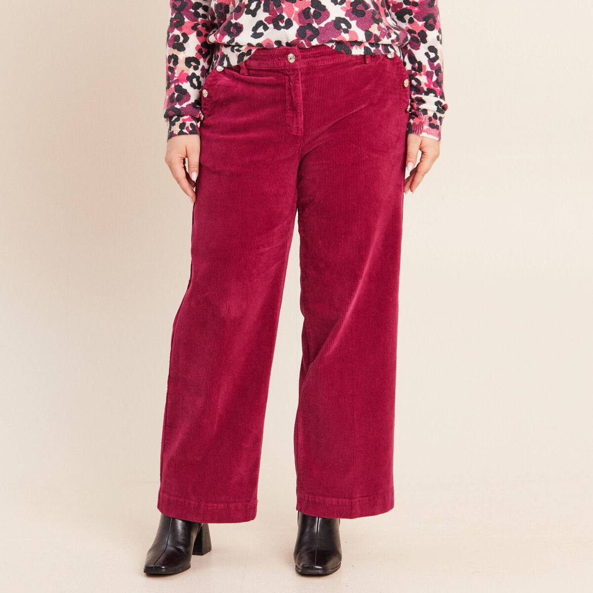 Pantalon large velours c&ocirc;tel&eacute; rouge fonc&eacute; femme