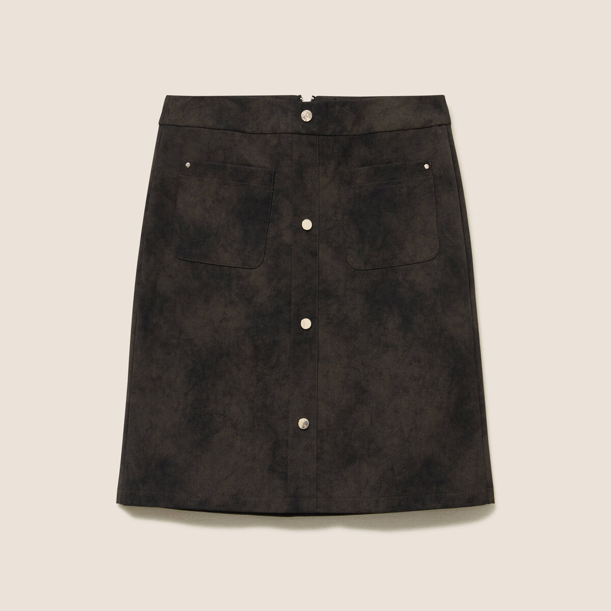 Jupe droite courte en similicuir vert kaki femme