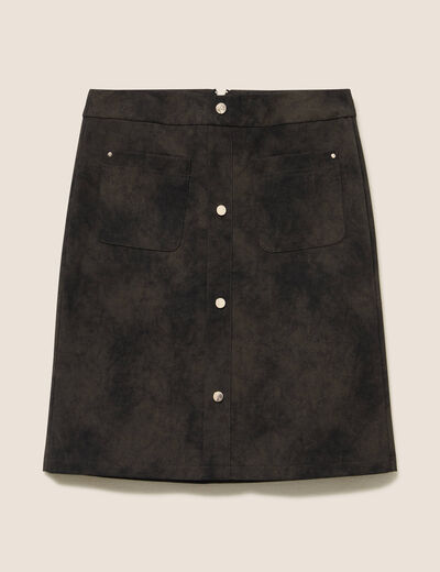 Jupe droite courte en similicuir vert kaki femme