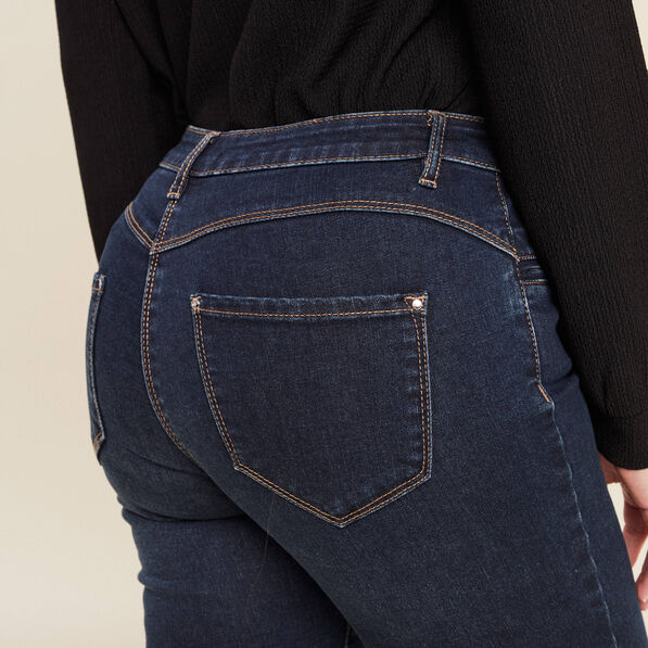 Jean ajusté taille basculée denim brut femme