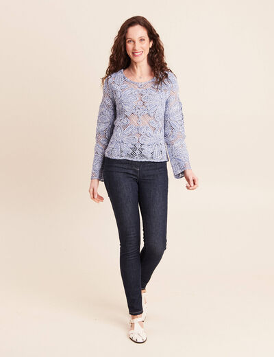 Pull manches longues aspect dentelle bleu ciel femme