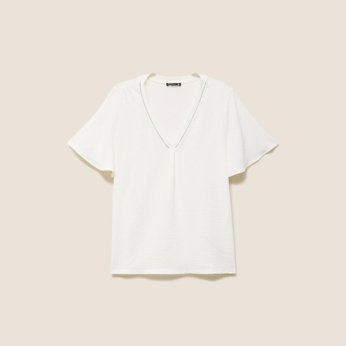 T-shirt bi-mati&egrave;re manches courtes ecru femme