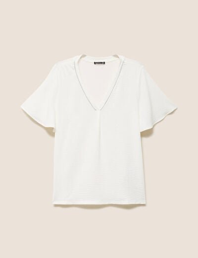 T-shirt bi-mati&egrave;re manches courtes ecru femme