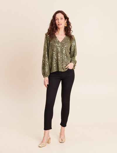 Blouse ample col v manches longues vert kaki femme