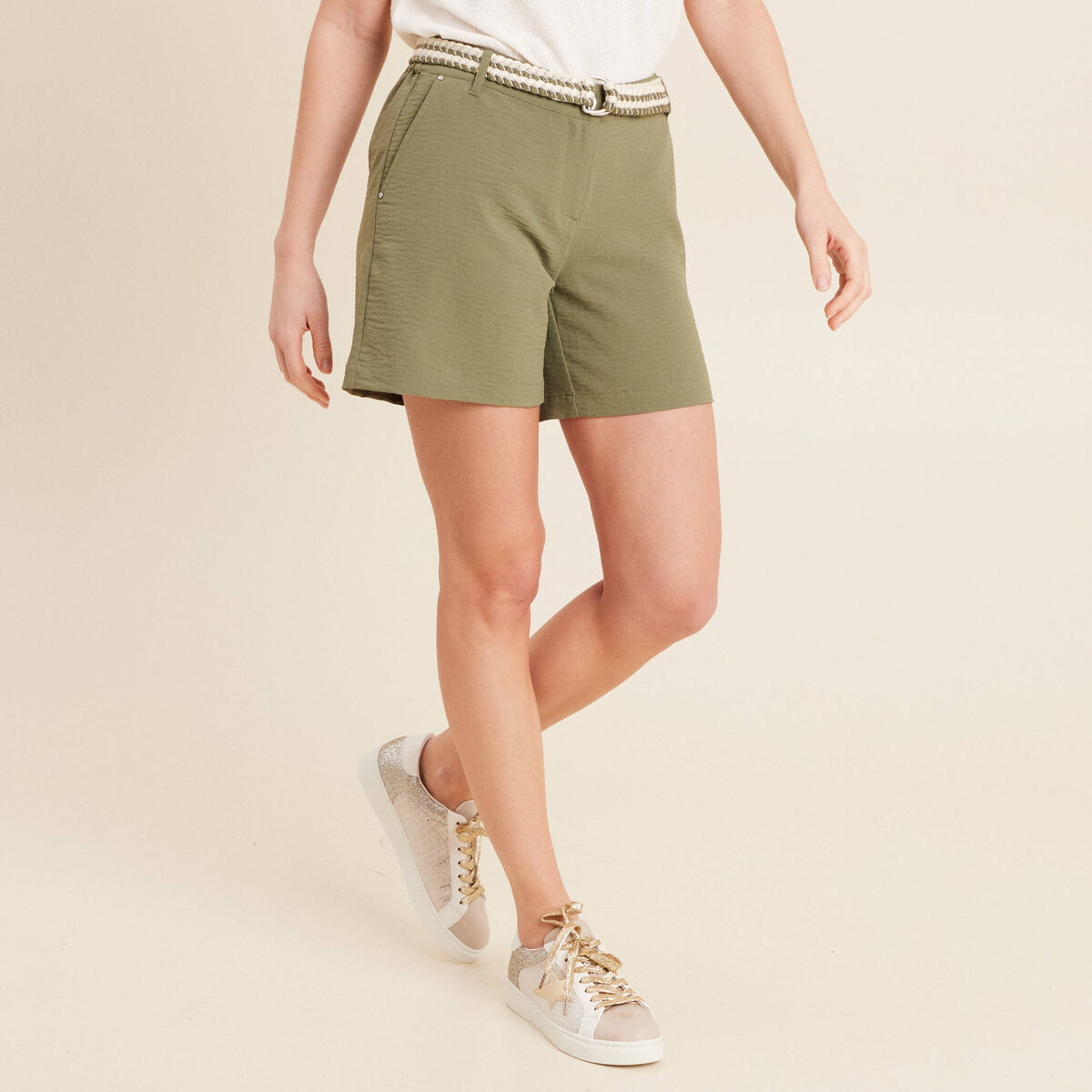 Short fluide taille basse vert kaki femme
