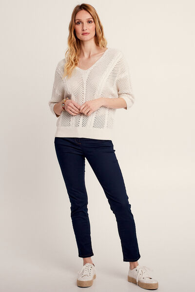 Pull manches 3/4 ajouré ecru femme