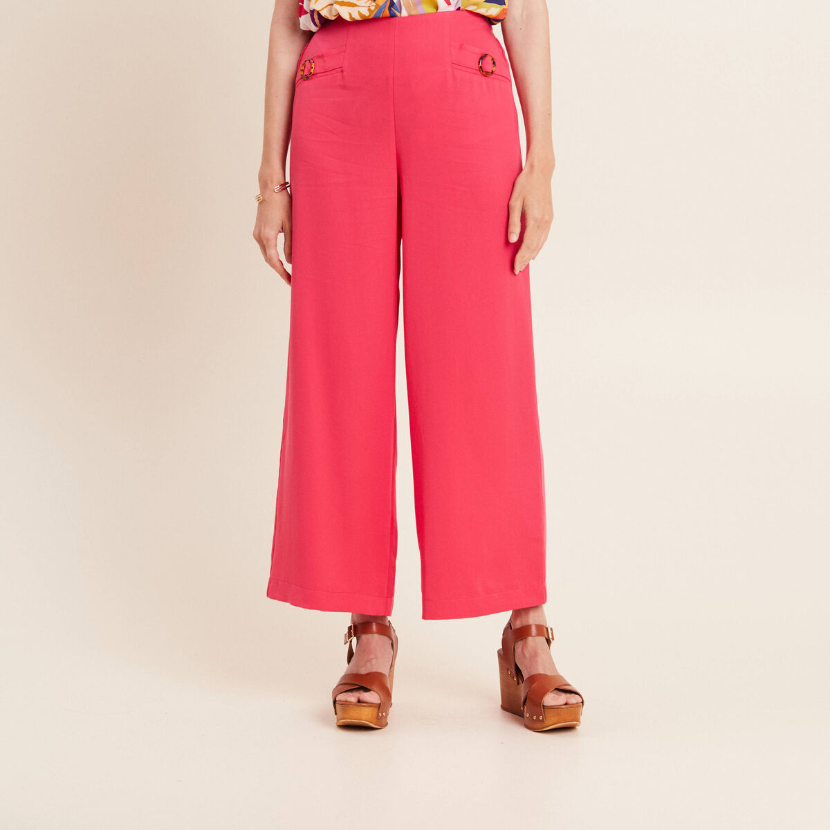 Pantalon large avec boucles rose framboise femme