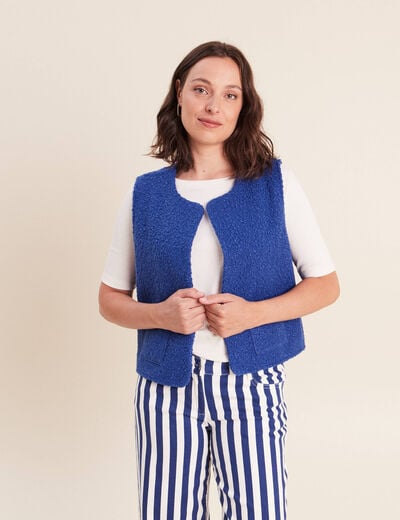 Gilet sans manches bouclette poches bleu fonc&eacute; femme