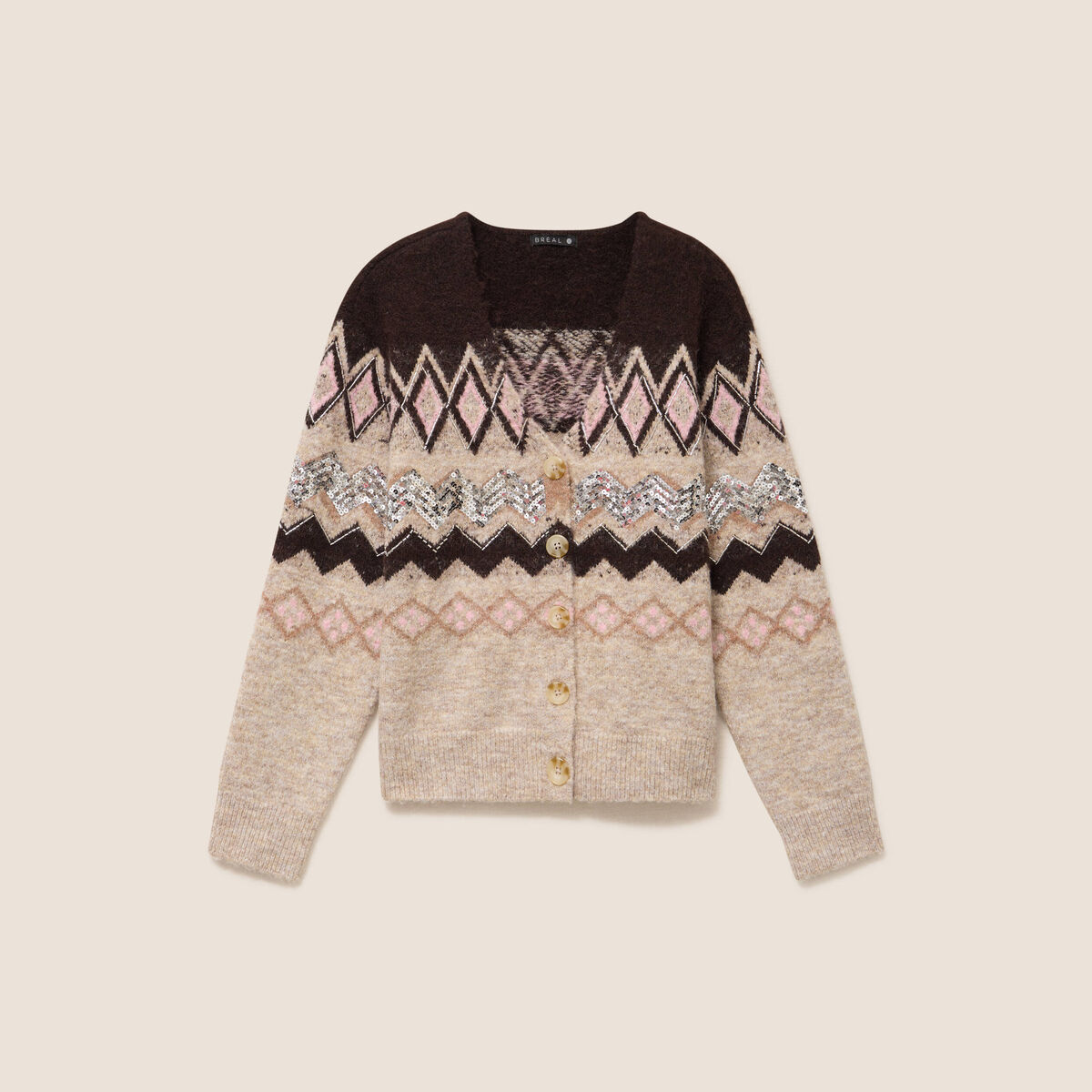 Cardigan jacquard col rond marron femme