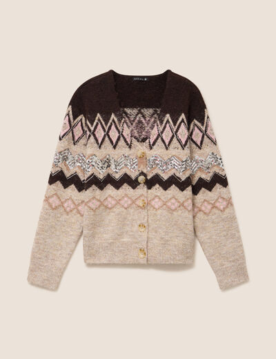 Cardigan jacquard col rond marron femme