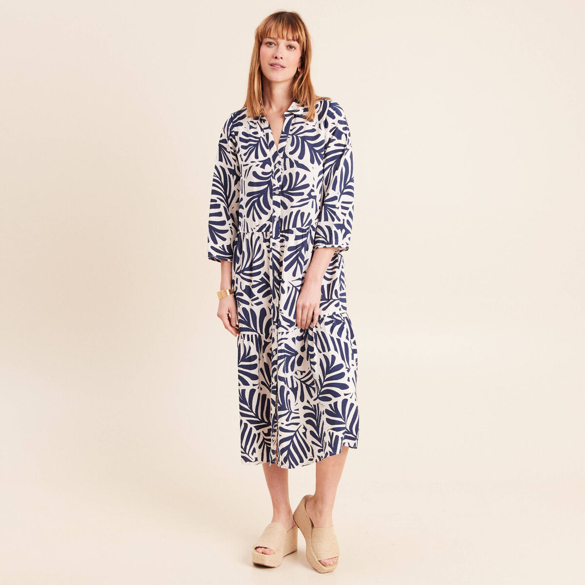 Robe fluide col am&eacute;ricain manches 3/4 blanc femme