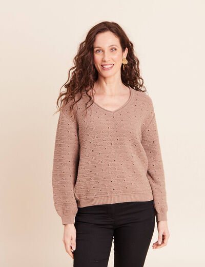 Pull droit long col v manches longues sable femme