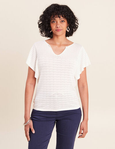 Pull col tunisien manches courtes ecru femme