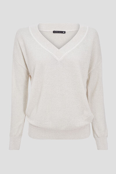 Pull col en V couleur or femme