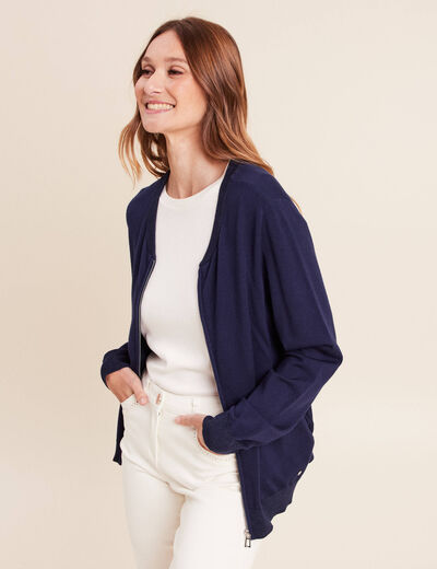Gilet droit mi-long manches longues bleu marine femme