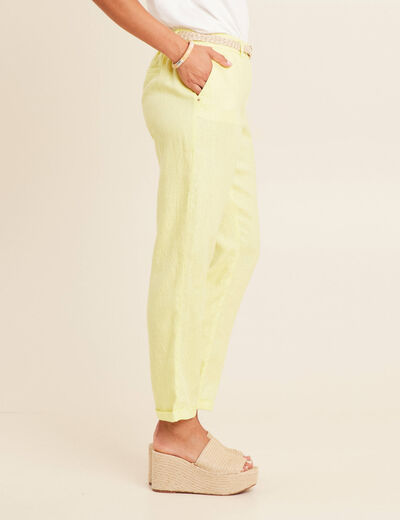 Pantalon coupe chino en lin ceintur&eacute; jaune clair femme