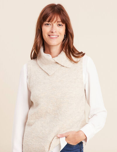 Pull sans manches col boule bouclette creme femme