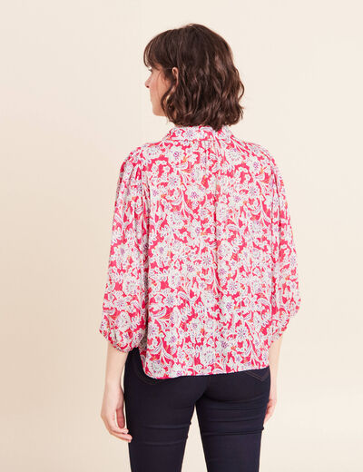 Blouse ample col chemise manches 3/4 rose femme