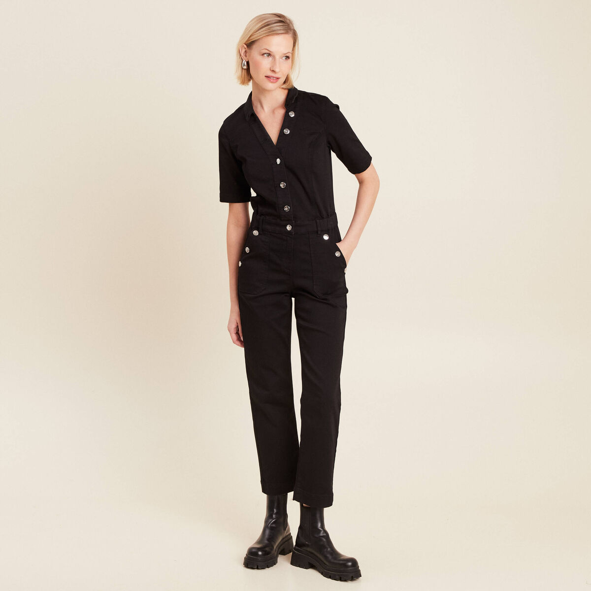 Combinaison pantalon en jean noir femme
