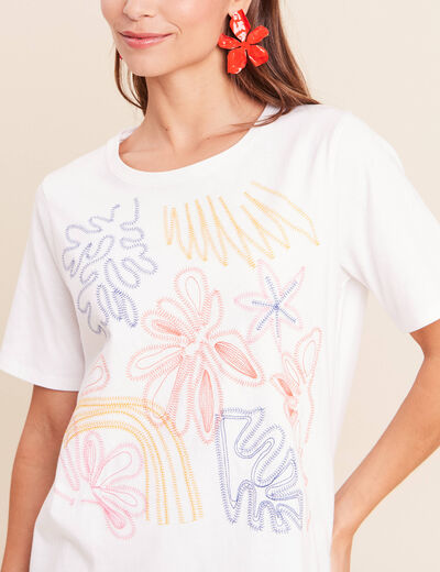 T-shirt col rond manches courtes brod&eacute; blanc femme