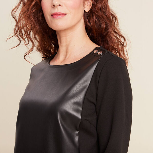 Robe droite détail simili cuir noir femme