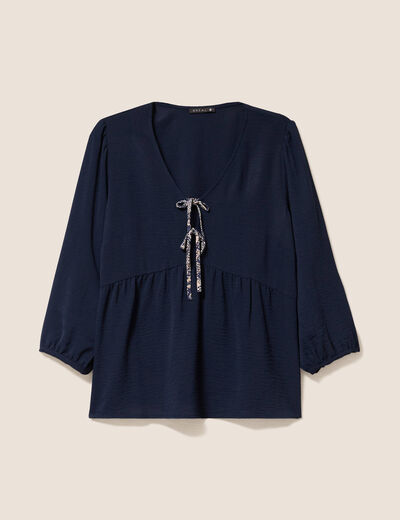 Blouse ample col tunisien manches 3/4 bleu marine femme