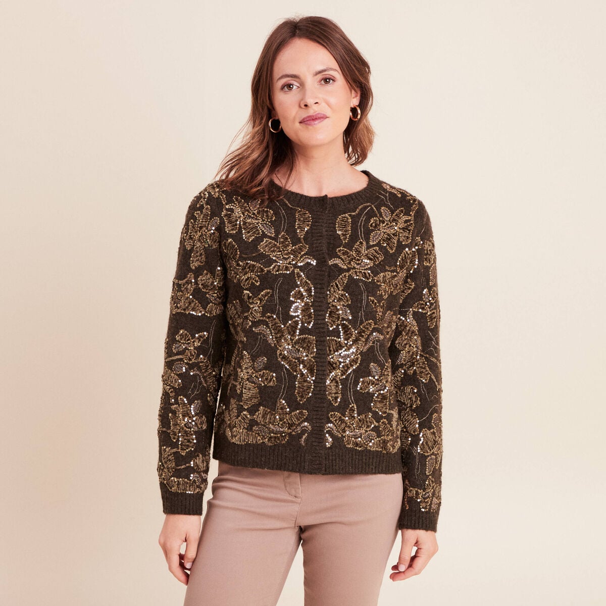 Gilet droit brod&eacute; &agrave; sequins vert kaki femme