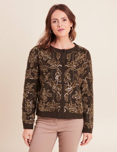 Gilet droit brod&eacute; &agrave; sequins vert kaki femme