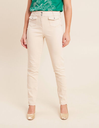 Jean ajust&eacute; taille haute longue ivoire femme