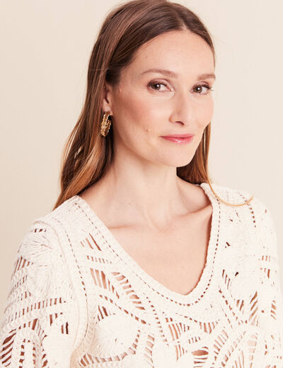 Pull col v manches courtes dentelle ecru femme