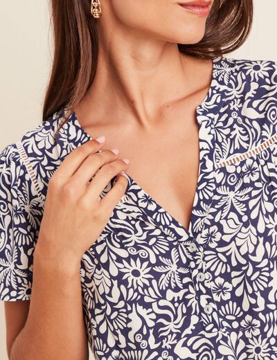Blouse fluide col V manches courtes bleu femme