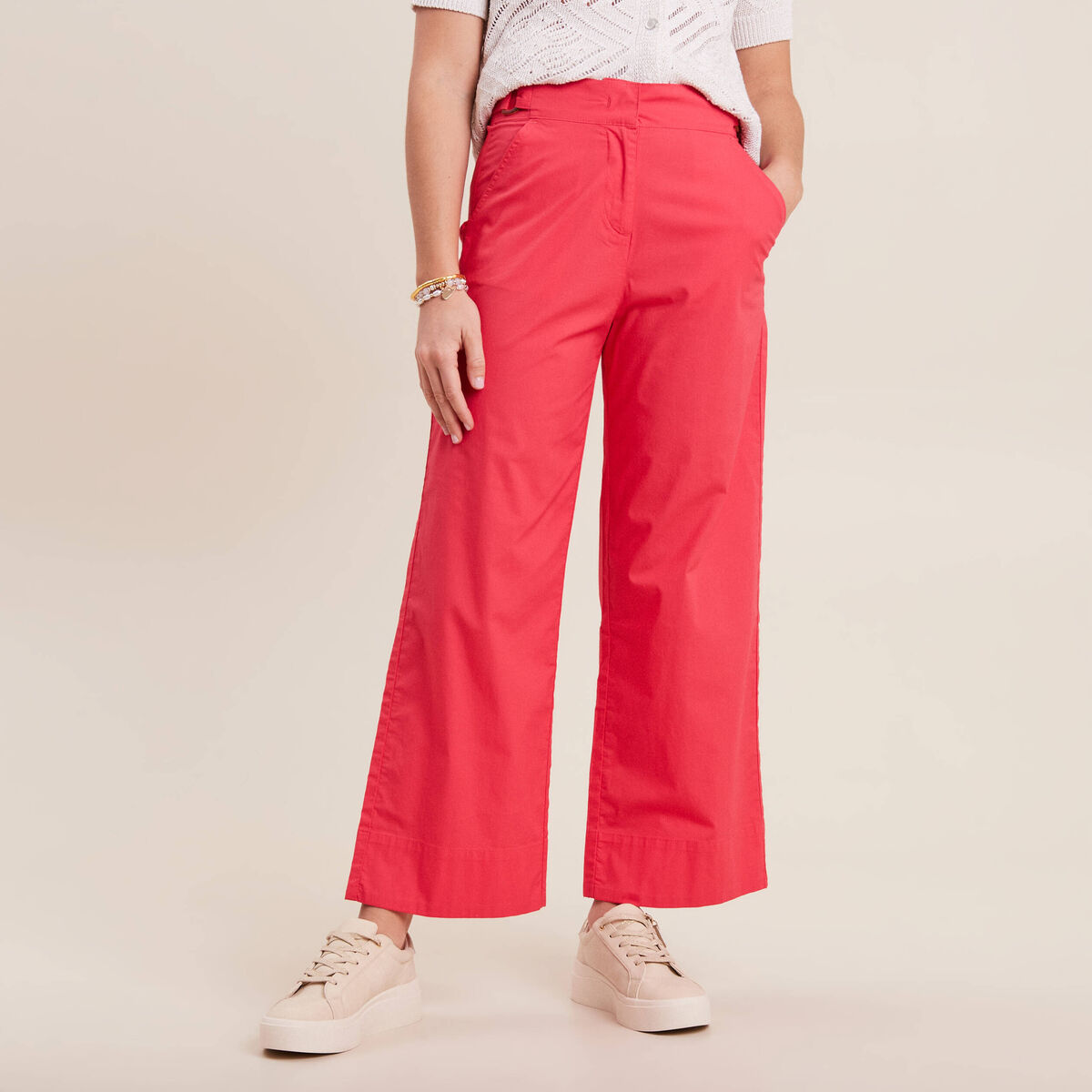 Pantalon flou ceintur&eacute; 7/8&egrave;me rose cerise femme
