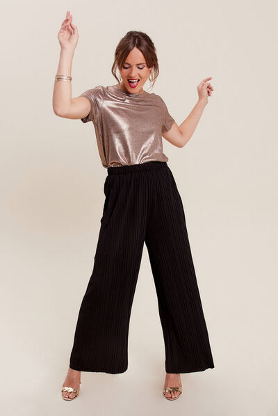 Pantalon large plissé 7/8ème noir femme