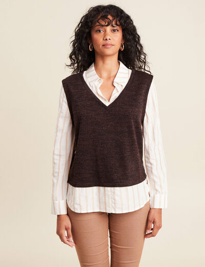 Pull effet 2-en-1 chemise marron fonc&eacute; femme