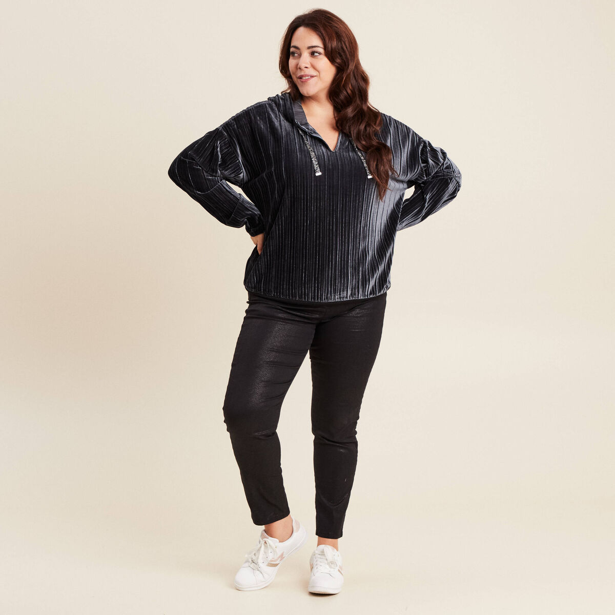 Sweat manches longues pliss&eacute; gris argent femme