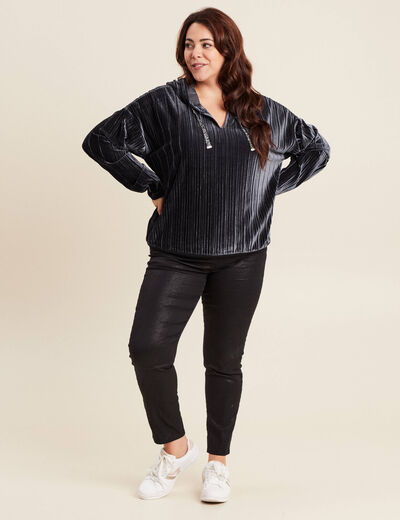 Sweat manches longues pliss&eacute; gris argent femme