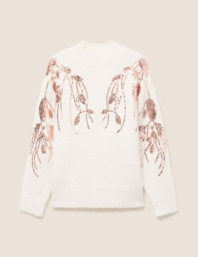 Pull col rond manches longues sequins ecru femme