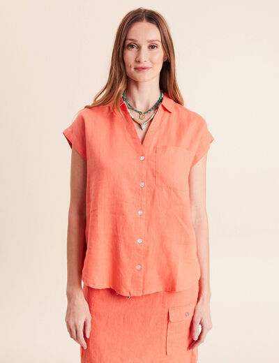 Chemise ample manches courtes aspect lin orange fluo femme