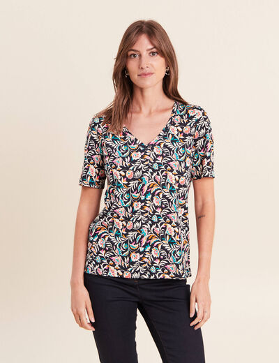T-shirt col V manches courtes bleu femme