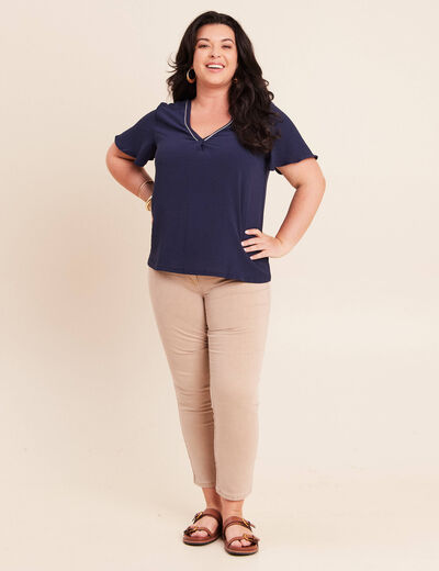 T-shirt bi-mati&egrave;re manches courtes bleu marine femme
