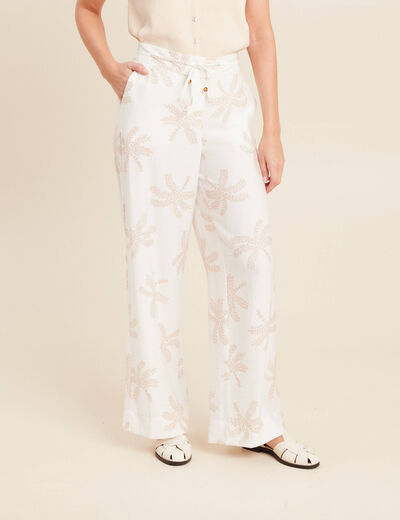 Pantalon large taille haute beige femme